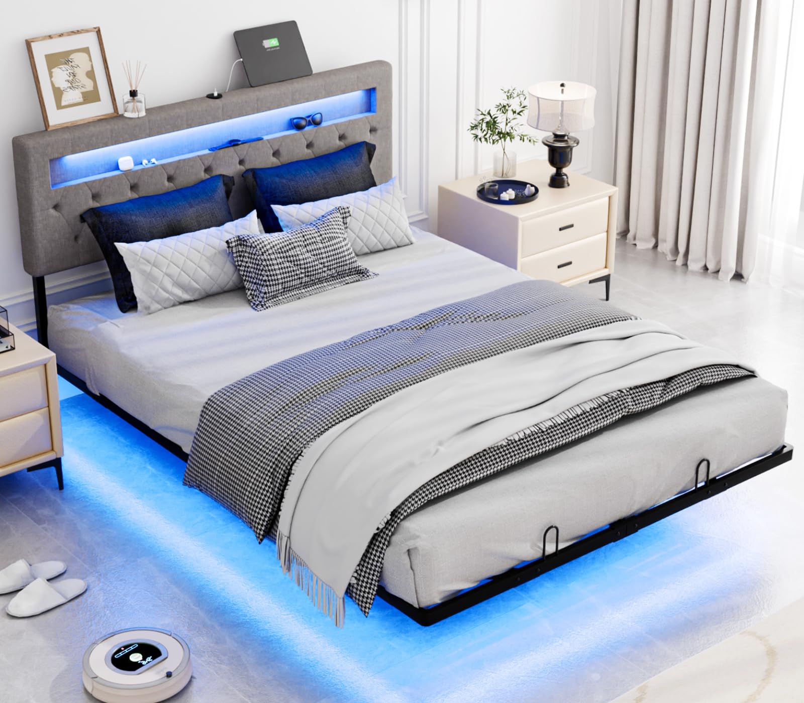 Queen Floating Bed Frame with Charging Station & RGB LED Lights