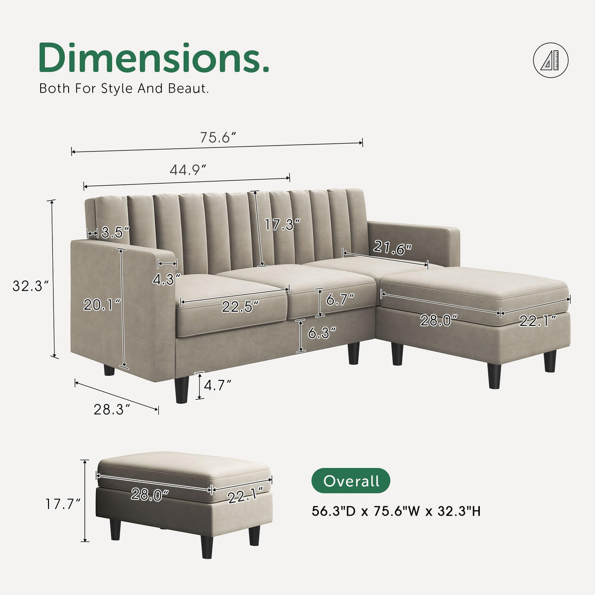 Velvet L Shaped Sofa Small Sectional Couch with Reversible Chaise L Shape Couch