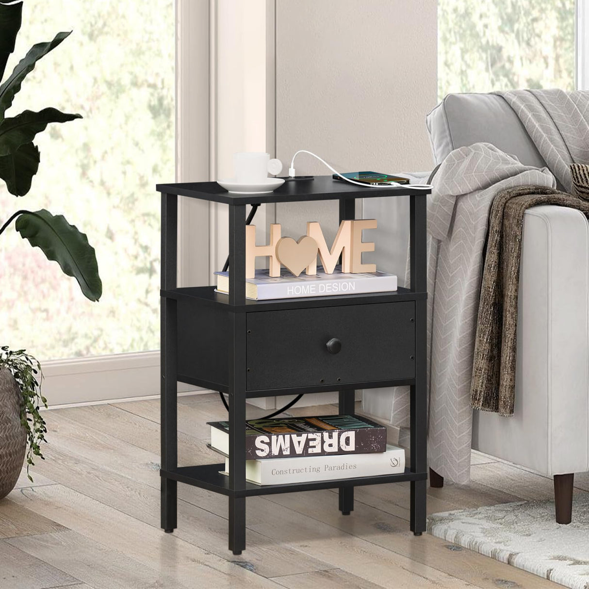 Nightstand with Charging Station and USB Ports, 3-Tier Storage End Table with Drawer Shelf