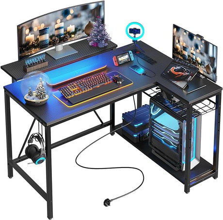 L Shaped Gaming Desk with Power Outlets,58 LED Small Corner Desk with Reversible Storage Shelves