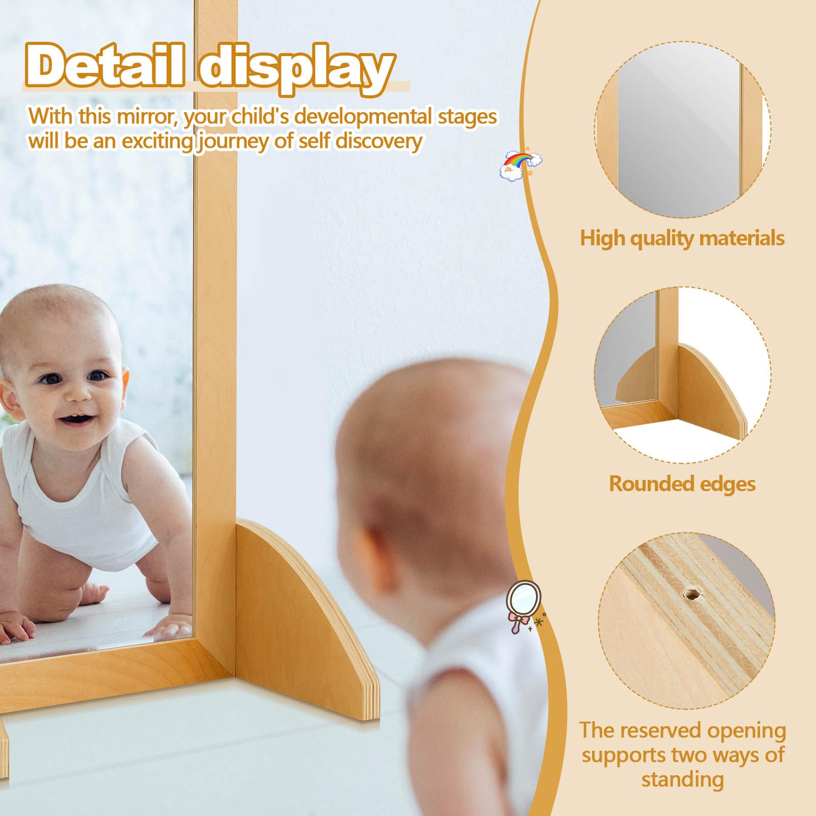 Toddler Single Sided Bi Directional Mirror 34.7 x 15.6 x 14.6 Inch Wooden Coordination Mirror