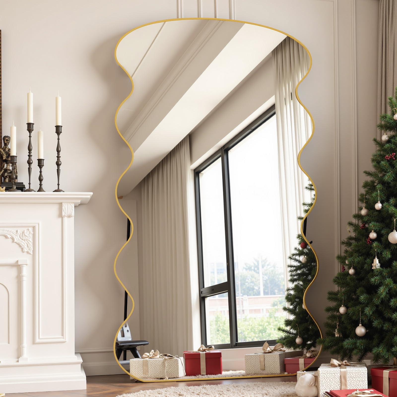 Arched Full Length Mirror 44"x76" - Gold Wave Floor Mirror with Stand