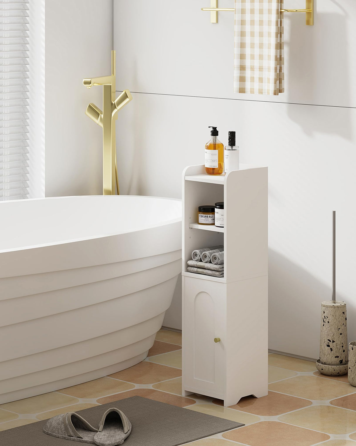 Bathroom Storage Cabinet, Corner Floor Cabinet with Doors and Adjustable Shelf, Narrow