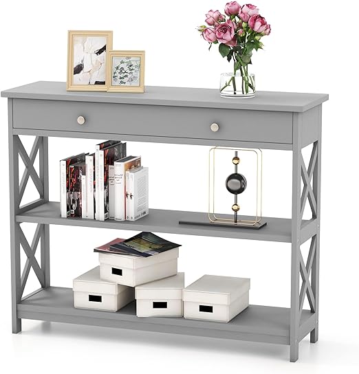 3-Tier Console Table, Wooden Sofa Tables Narrow Long with Large Drawer & 2 Open