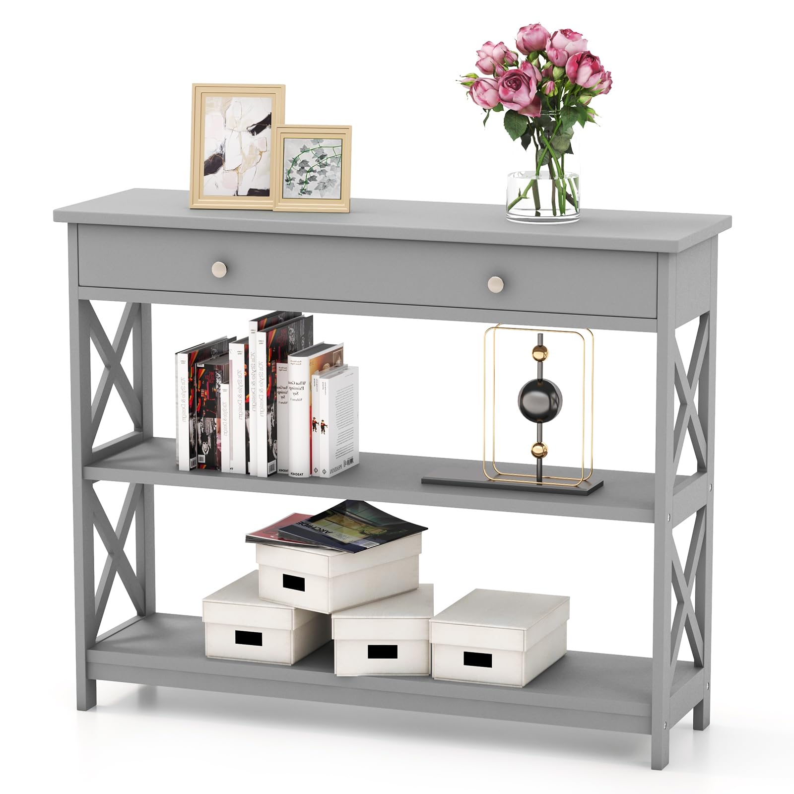 3-Tier Console Table, Wooden Sofa Tables Narrow Long with Large Drawer & 2 Open