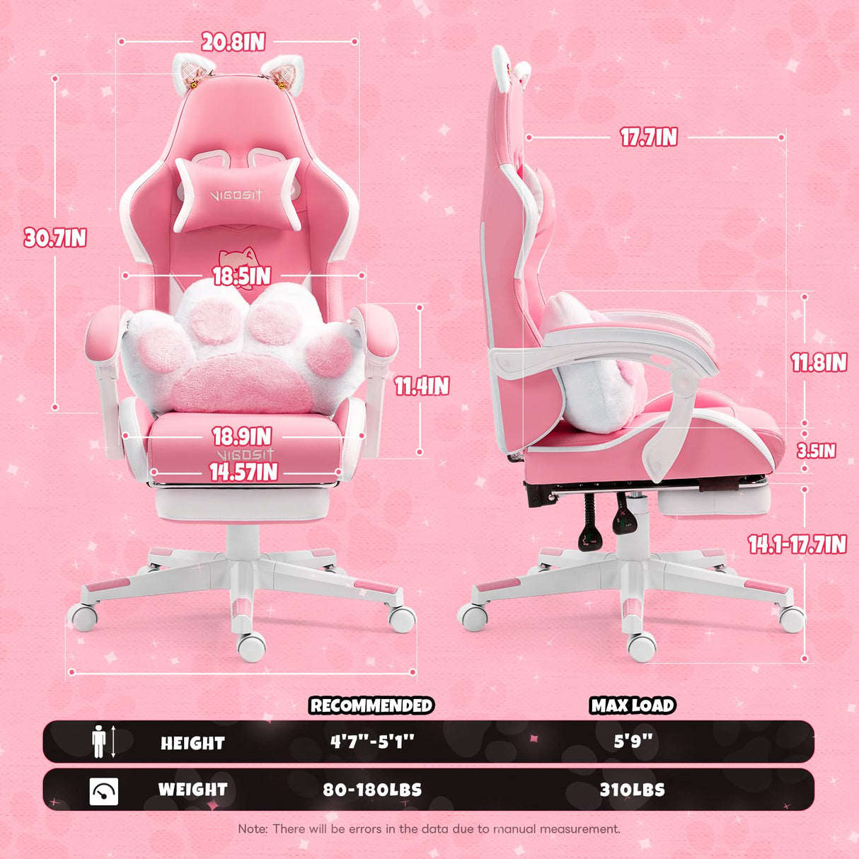 Pink Gaming Chair with Cat Paw Lumbar Cushion and Cat Ears