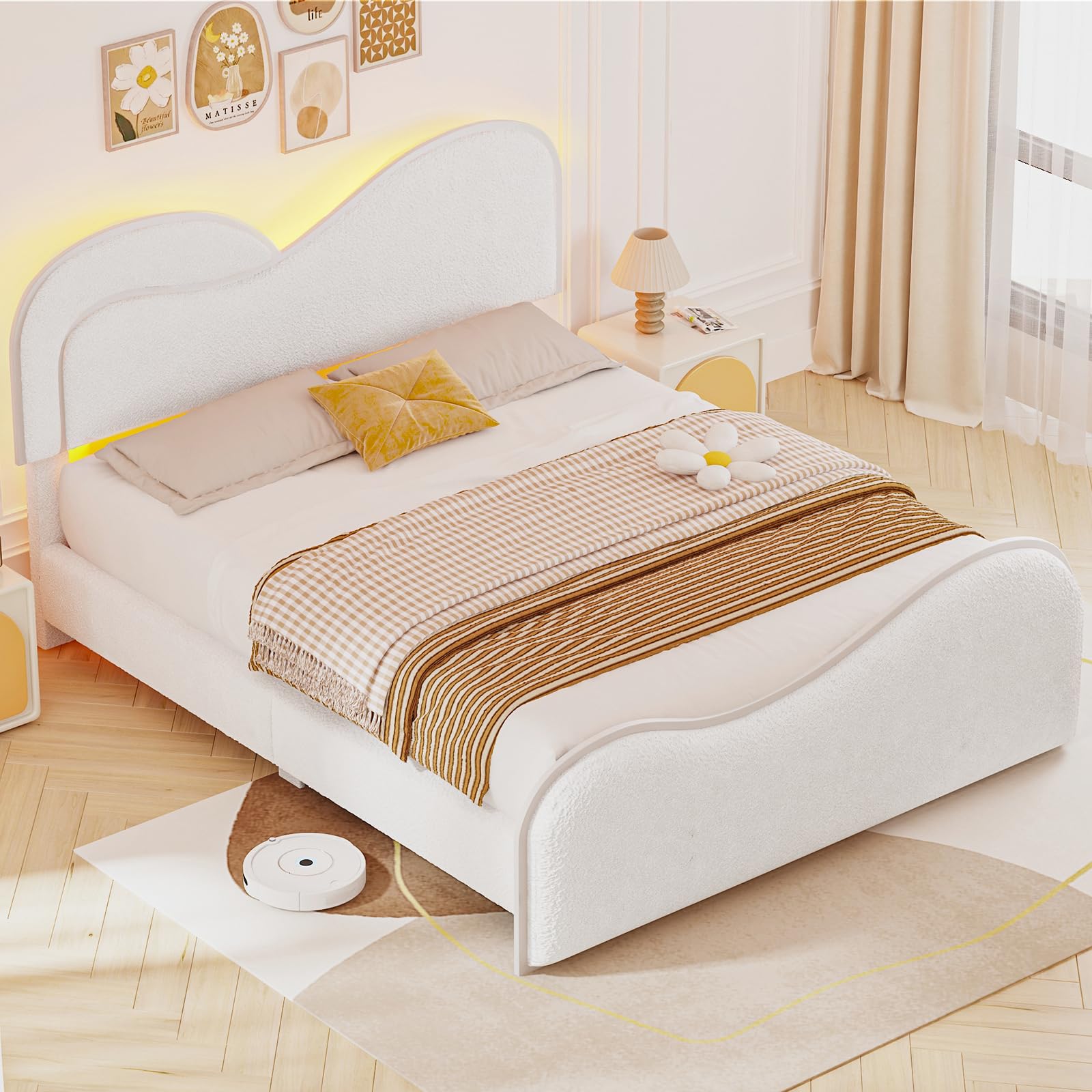 Full Platform Bed Frame with Heart Headboard & LED Lights