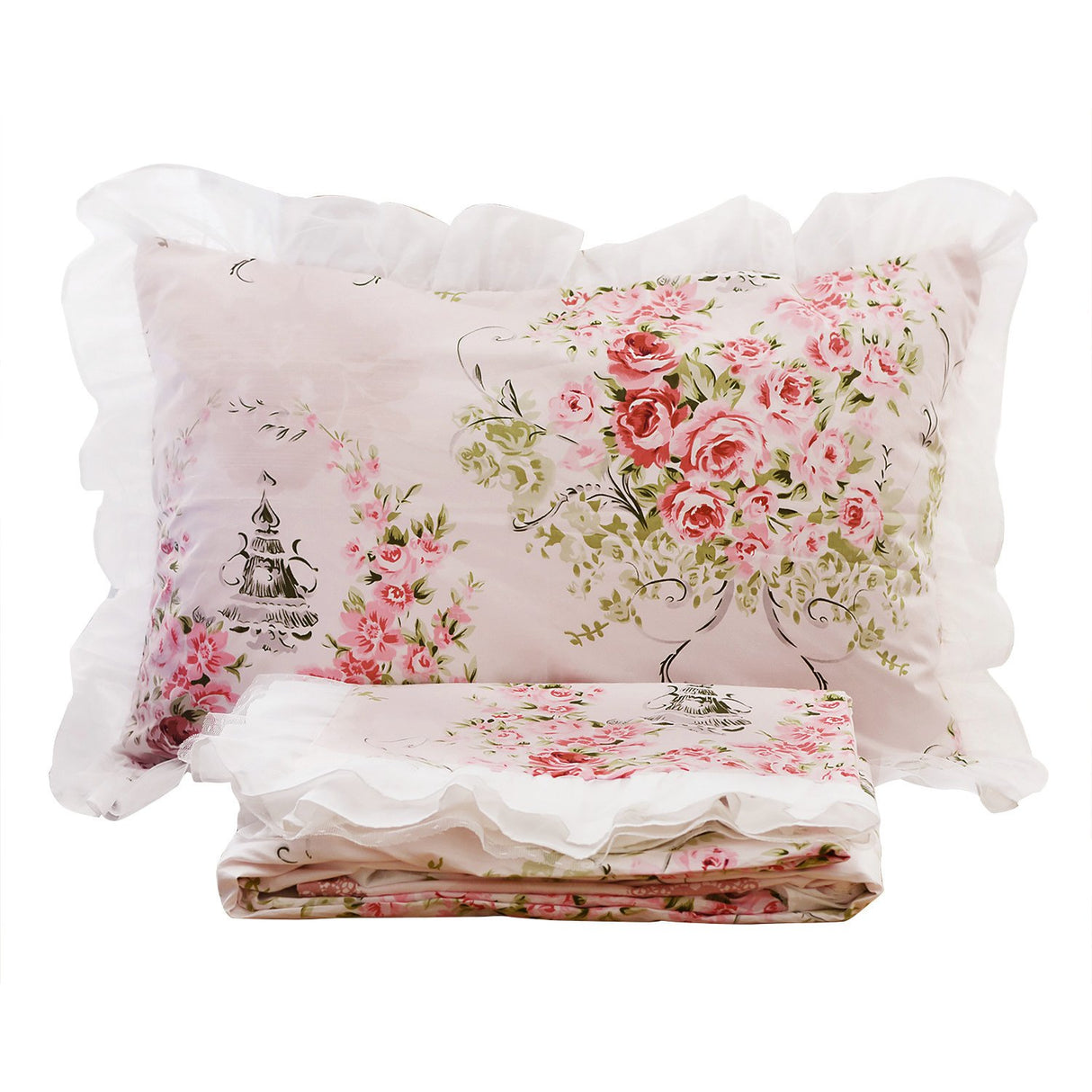 ,Romantic Flower Print Bedding Set,Floral Bed Set,Princess Lace Ruffle Duvet Cover King