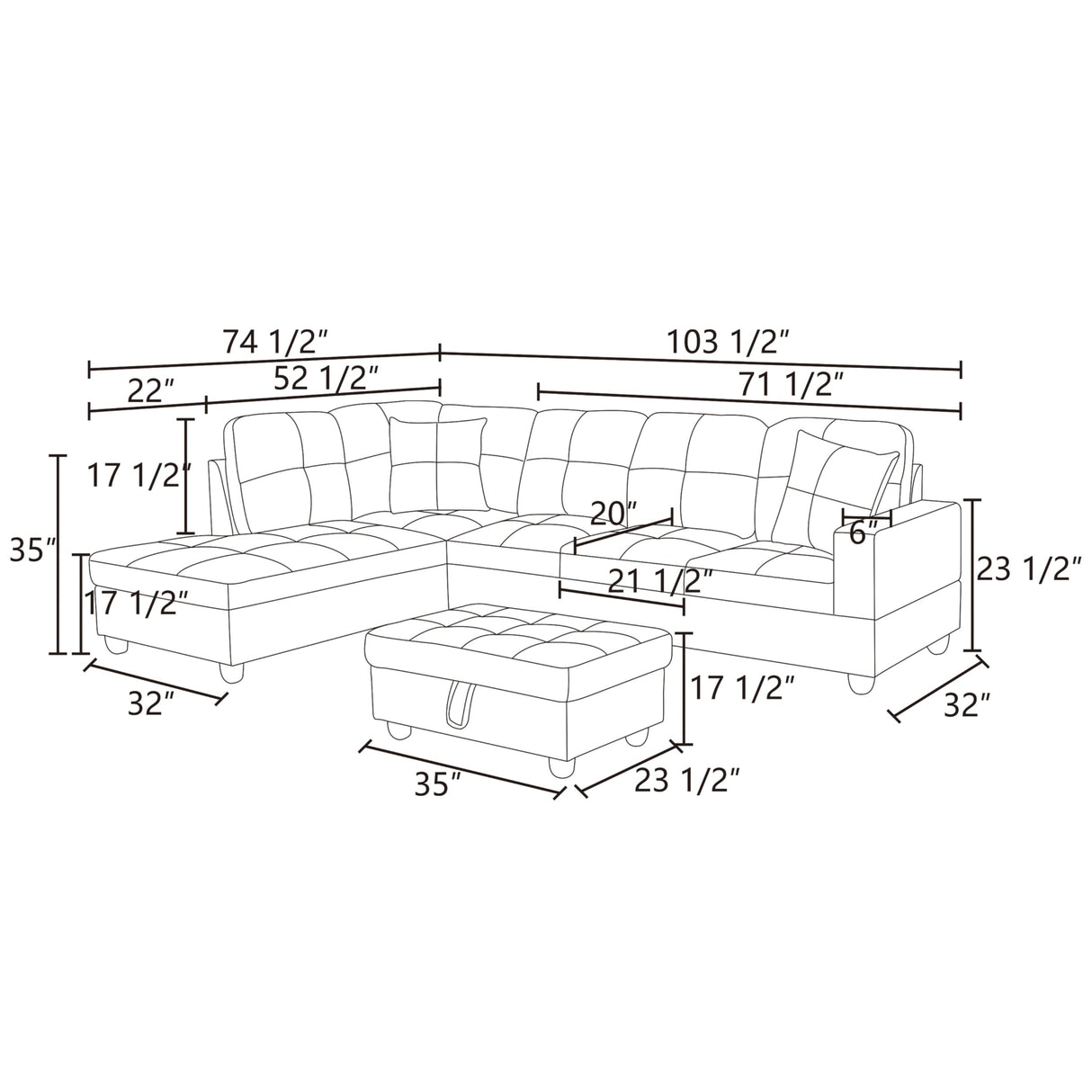 103 Inch Modern L Shaped Sectional Sofa Set with Storage Ottoman