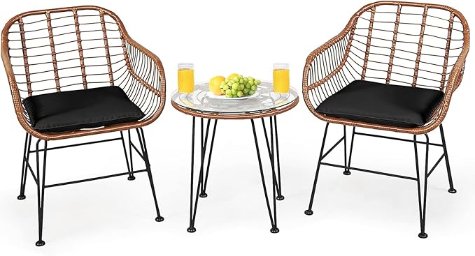 3-Piece Patio Bistro Set PE Rattan Wicker Armchairs and Coffee Table Set with Cushions
