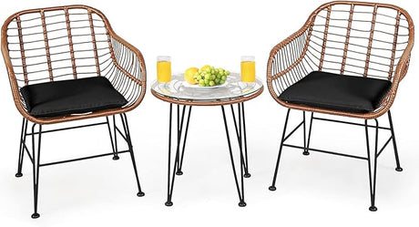 3-Piece Patio Bistro Set PE Rattan Wicker Armchairs and Coffee Table Set with Cushions