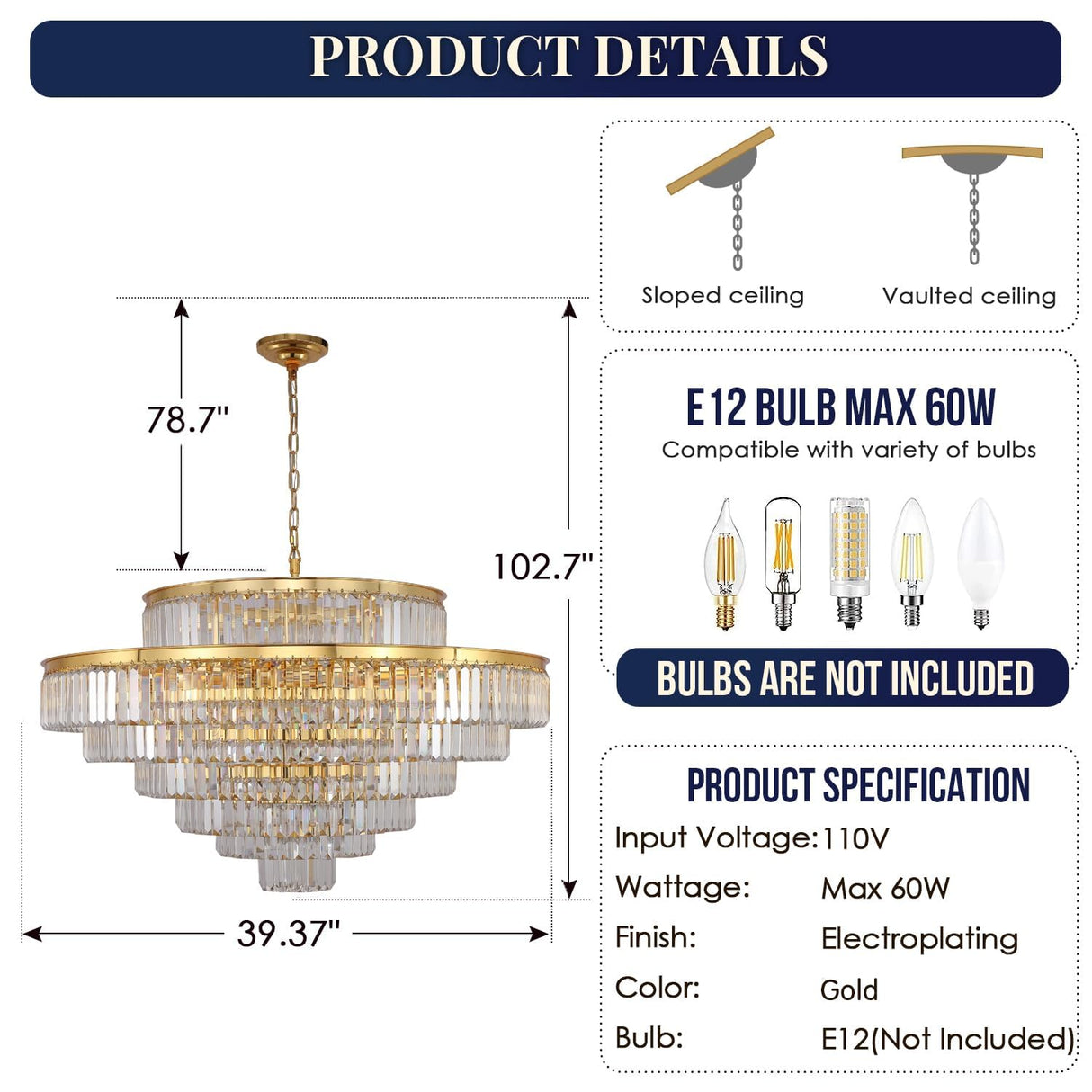 Large Crystal Chandeliers Gold Chandelier Luxury Pendant Ceiling Lights Fixture Hanging