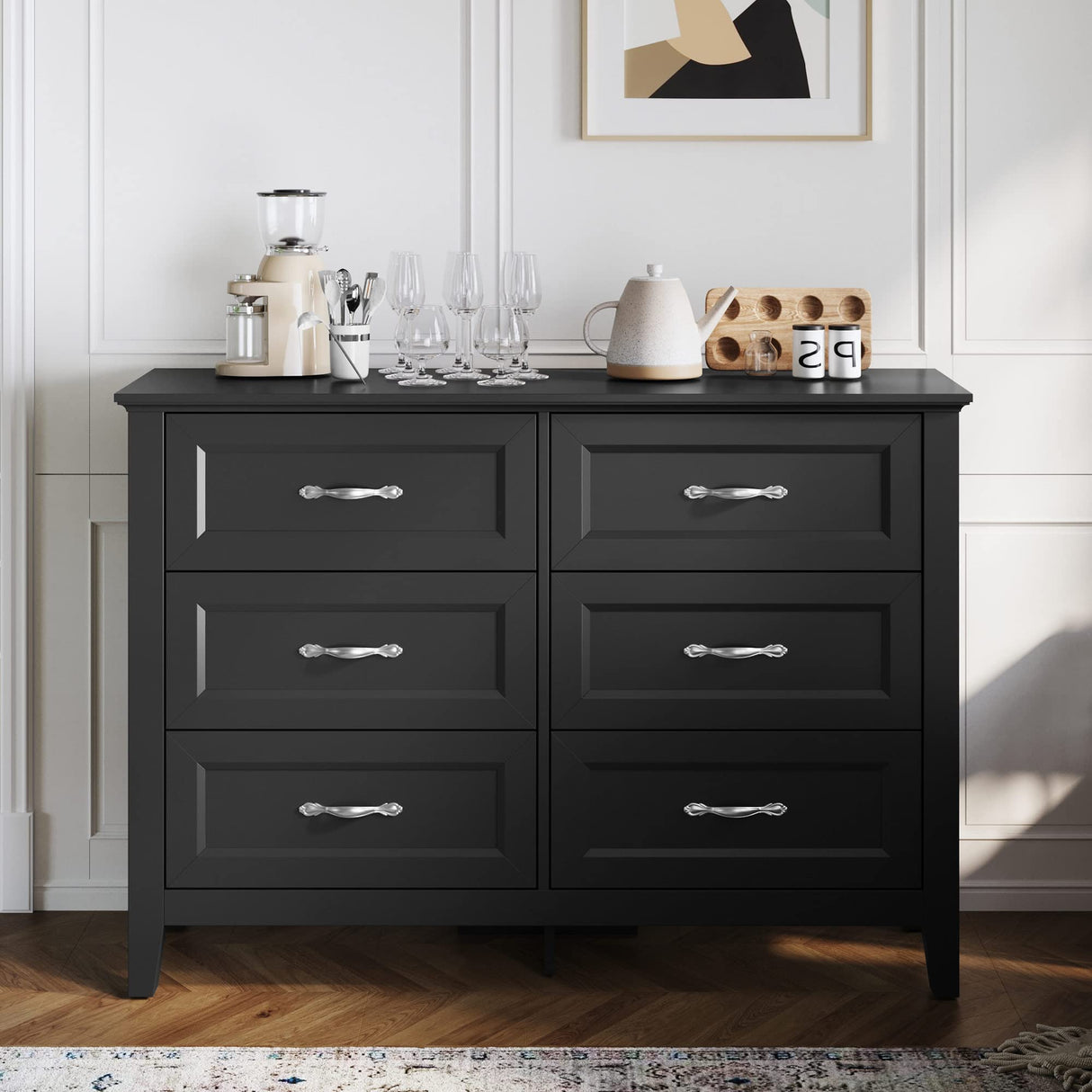 Black Dresser for Bedroom Long Dresser with 6 Drawers