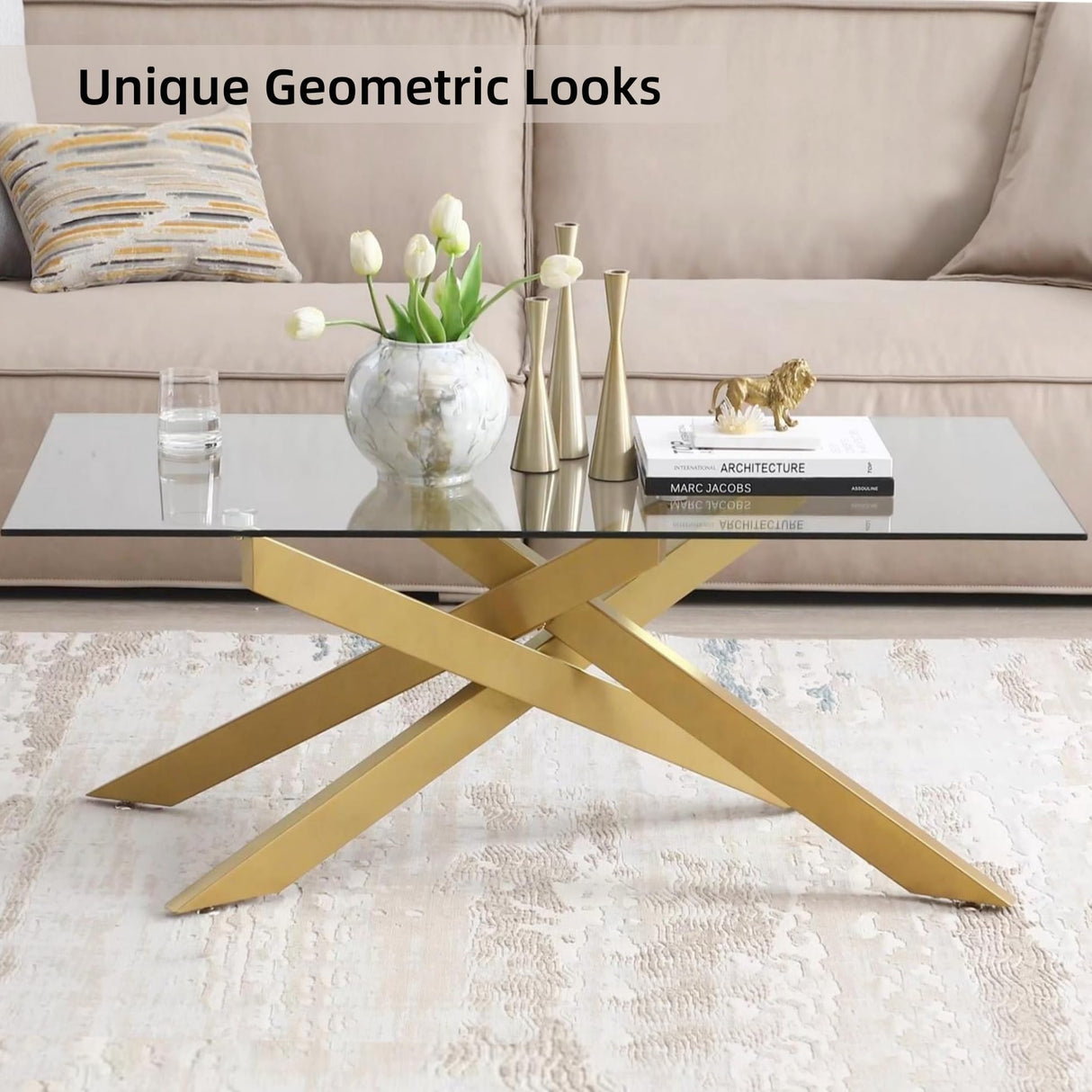 Rectangle Modern Coffee Table, Tempered Glass Top and Metal Tubular Leg,