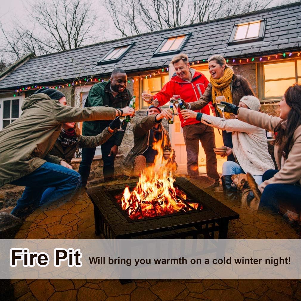 Best Outdoor Fire Pit for Wood 32" Metal firepit for Patio Wood Burning Fireplace Square Garden Stove with Charcoal Rack, Poker & Mesh Cover for Camping Picnic Bonfire Backyard, High Capacity Firepit