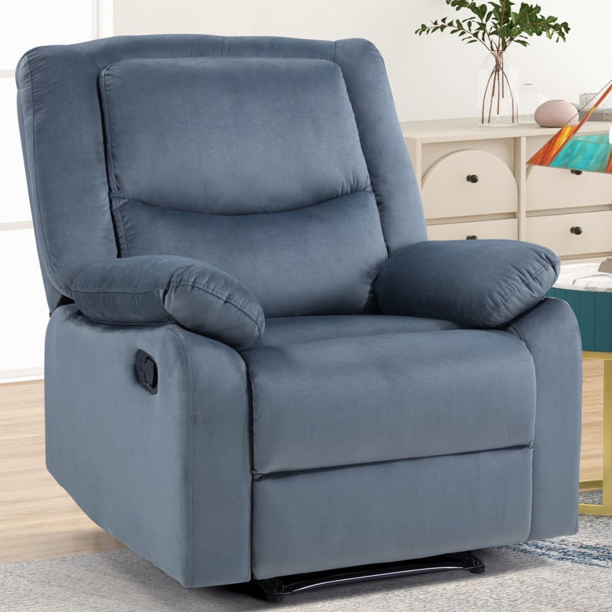 Manual Recliner Chair, Soft Fabric Reclining Chairs with Overstuffed Arm and Back, Manual Single Sofa Recliners for Living Room Bedroom, Grey