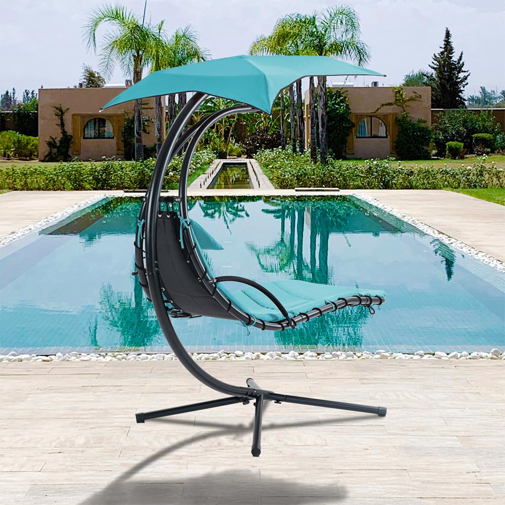 Outdoor Hanging Curved Steel Chaise Lounge Chair Swing w/Built-in Pillow and Removable Canopy, Hanging Curved Chaise Lounge Chair Swing for Patio Porch Poolside, Hammock Chair with Stand (Blue)