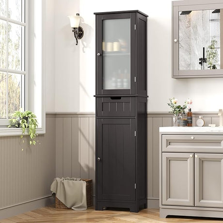 67" Tall Bathroom Cabinet, Narrow Storage Cabinet, Freestanding Linen Cabinet with Doors and Adjustable Shelf,