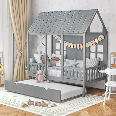 Bed Frame, Kids Low Loft Bed Frame with Roof, Side Windows & Ladder, Wooden Slatted