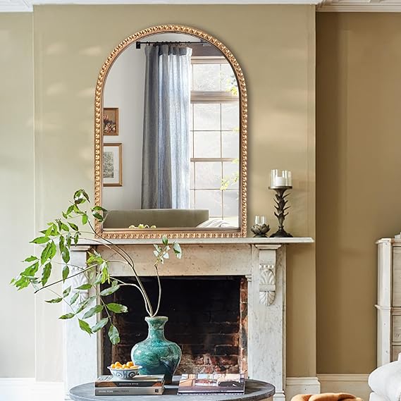 Vintage Gold Arch Floor Mirror 20"x53" - Full Length Wall Mirror with Beaded Metal Frame