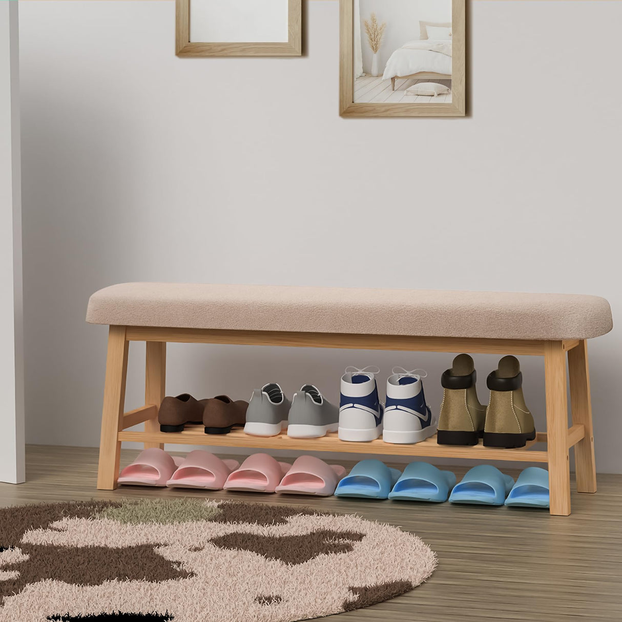 45 Inches Long Shoe Bench with Soft Padded Seat Cushion, 2 Tier Bamboo Shoes Rack Storage Bench for Entryway Hallway Bedroom