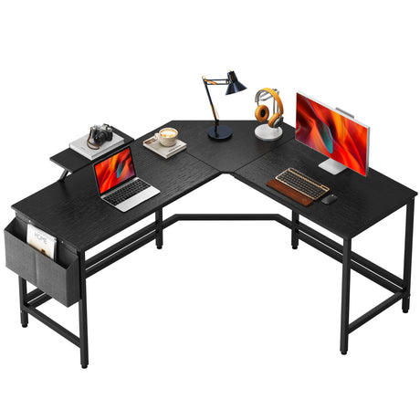 L-Shaped Desk with Side Storage Bag, 59 inch L Shape Computer Desk with Monitor Stand, Home Office Desk for Corner, Gaming Desk, Writing Desk, Reading Table, L Desk, Black