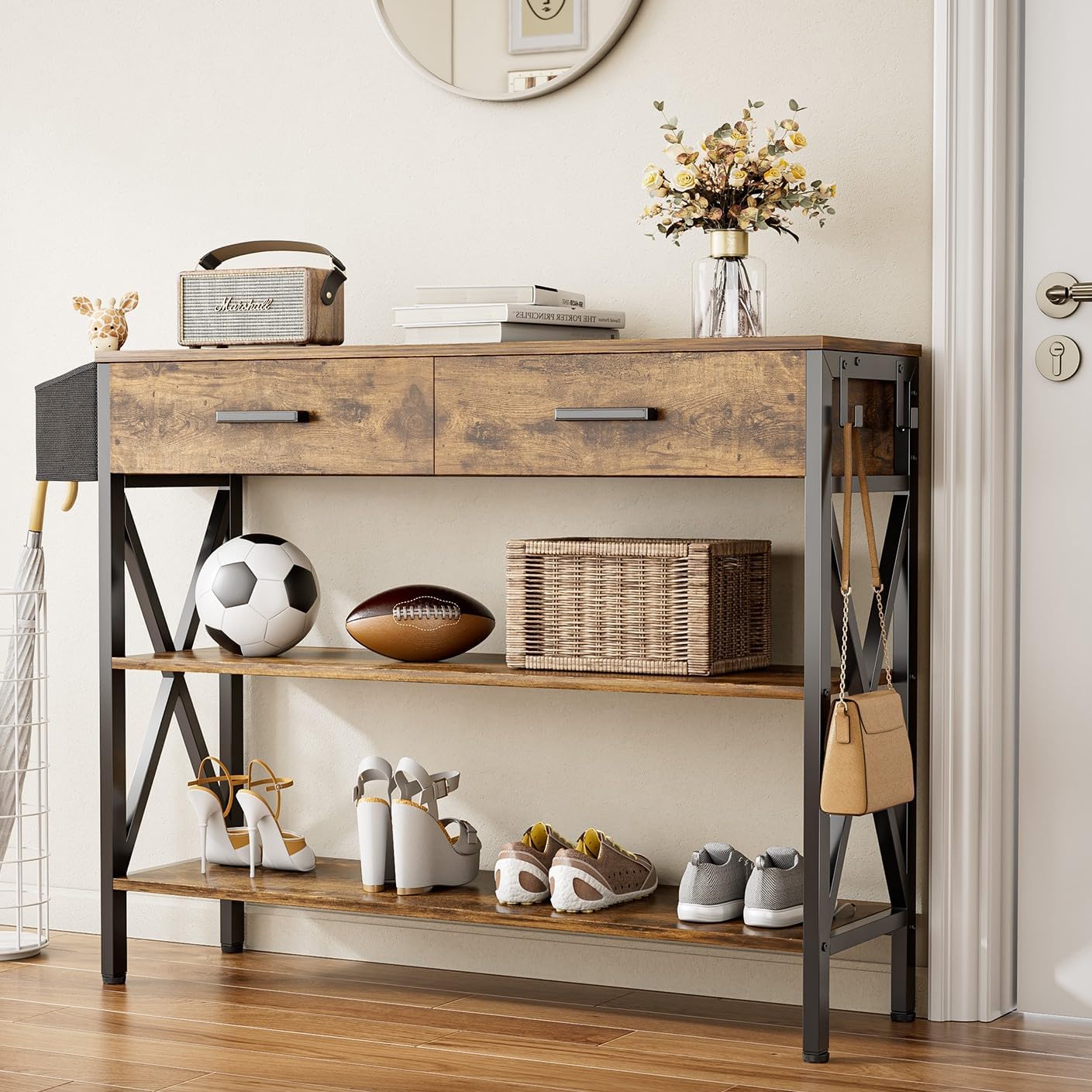 39" Console Table with 2 drawers, Industrial Entryway Table with 3 Tier Storage Shelves,