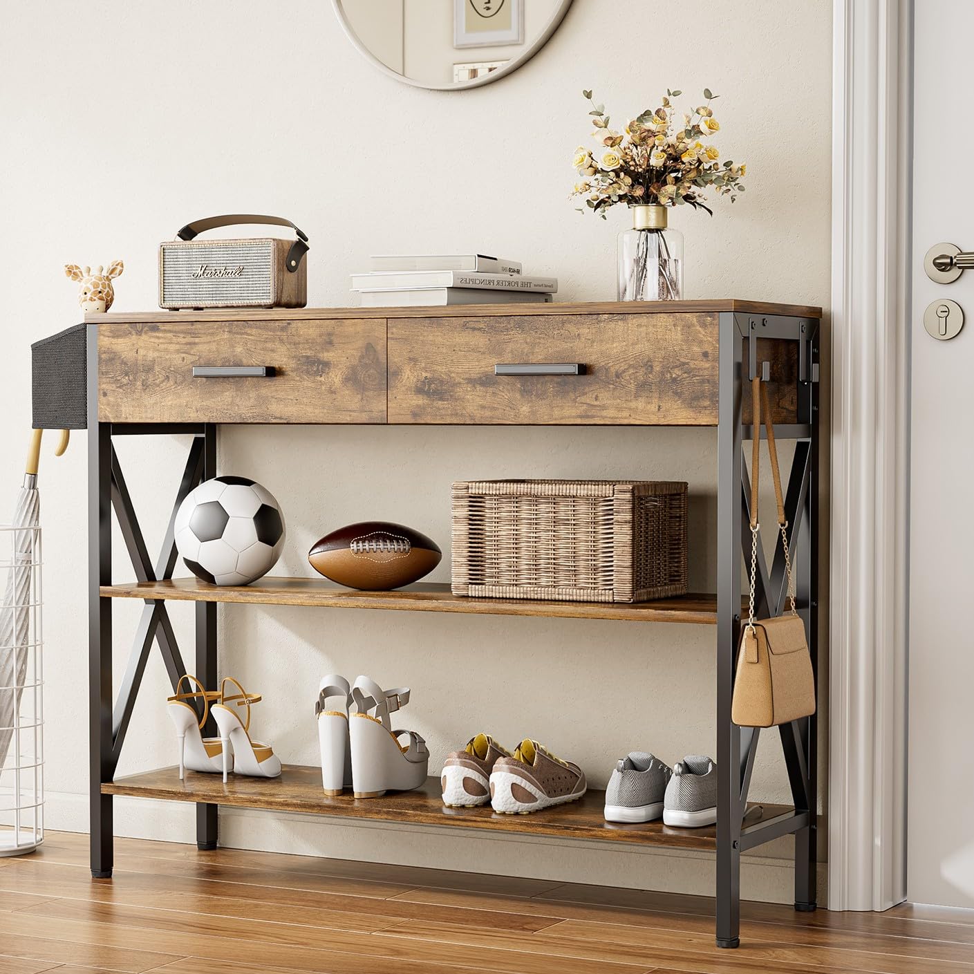 39" Console Table with 2 drawers, Industrial Entryway Table with 3 Tier Storage Shelves,