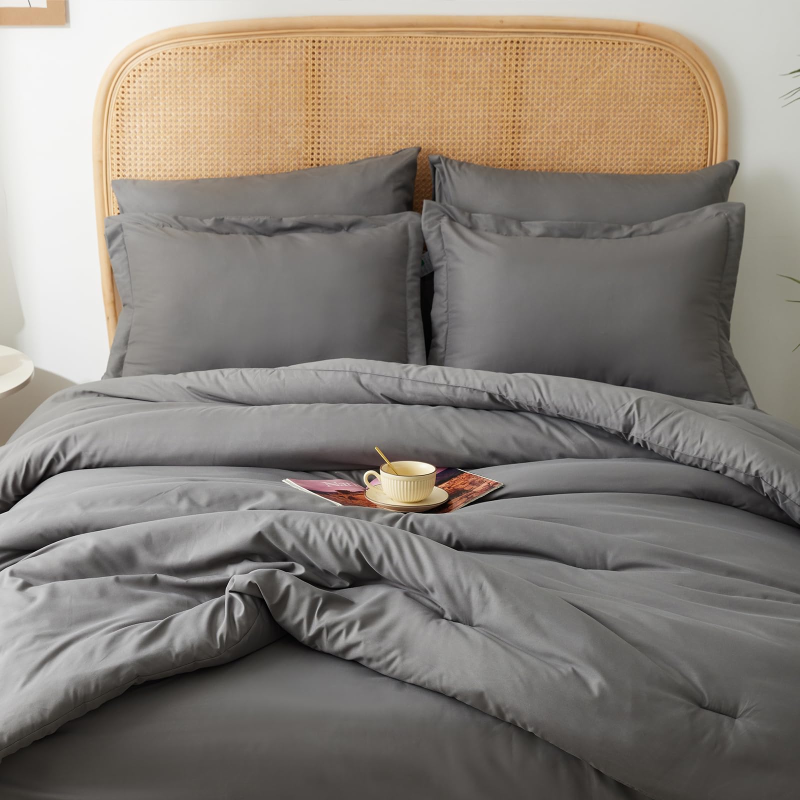 Queen Comforter Set -Dark Grey Bed in a Bag,7 Pieces Comforter Sets