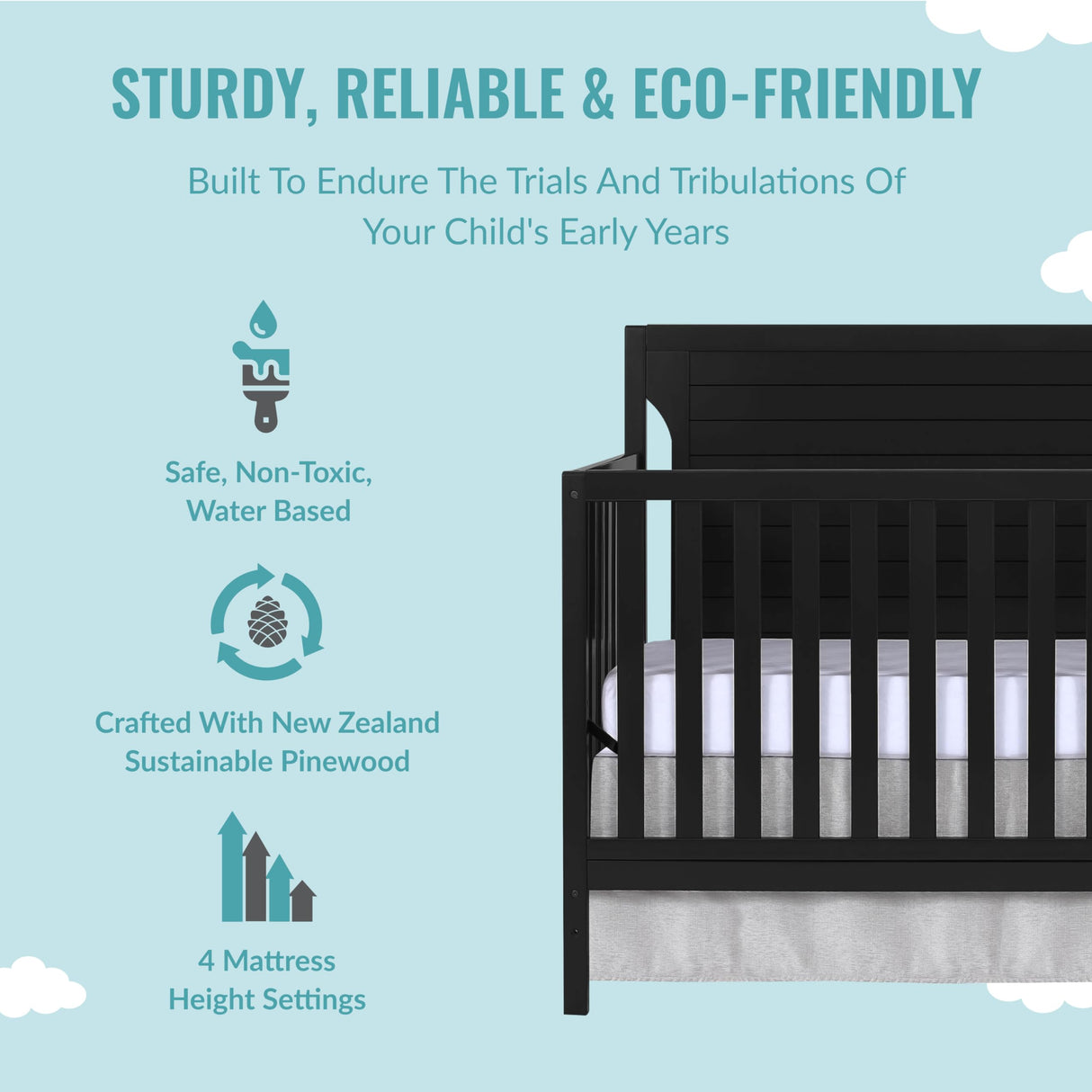 Cape Cod 5-In-1 Convertible Crib In Black, Greenguard Gold And JPMA Certified,