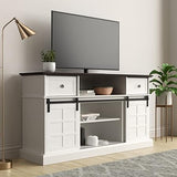 Farmhouse TV Stand w/LED Light, White TV Stand for 65 inch TVs, Entertainment Center