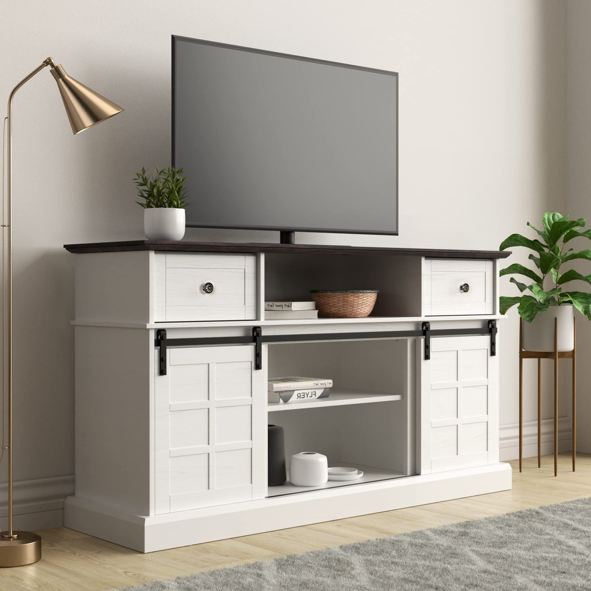 TV Stand for 65 inch TV, White Entertainment Center, Farmhouse TV Stands