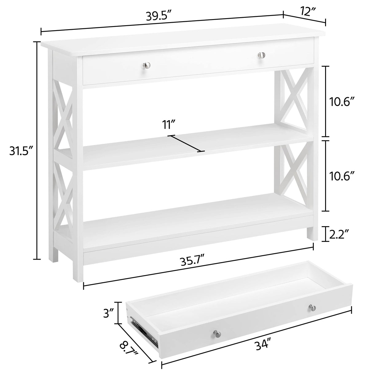 Console Table with Drawer, 3-Tier Entryway Table with Storage Shelves,