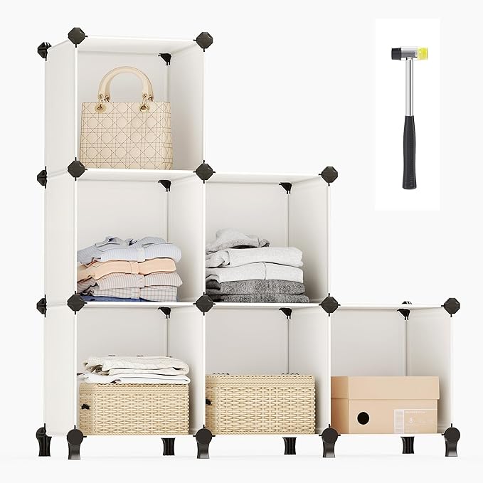6 Cube Storage Organizer, DIY Closet Shelf, Plastic Clothes Organizer, Modular Bookcase, 11.8 x 11.8 x 11.8 Inch Cubes, with Feet and Rubber Mallet, Black ULPC06H