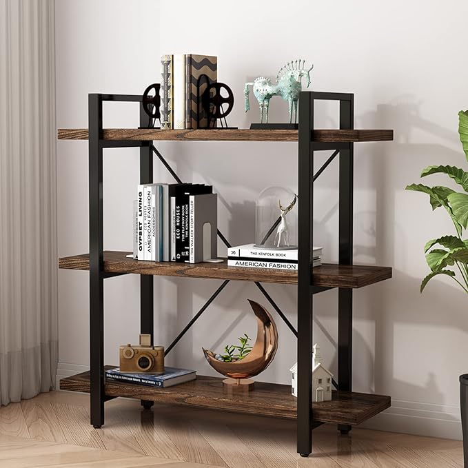 Industrial Style Solid Wood Bookcase and Book Shelves,Rustic Wood and Metal Shelving Unit， Living Room,Modern Rustic Open Industrial Book Shelf Office,Distressed Brown (AY-02-5Tier)