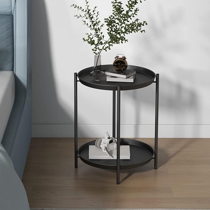 End Table, Round Metal Side Table with Removable Tray, Small Storage Side Table Outdoor