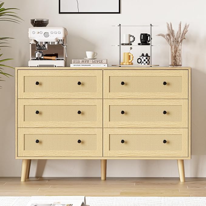 White Dresser for Bedroom, Modern 6 Drawer Dresser, Wide Chest of Drawers with Gold