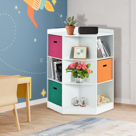 Kids Bookcase with Large Storage Drawers, Children's Corner Cabinet with 6 Cubes and 3