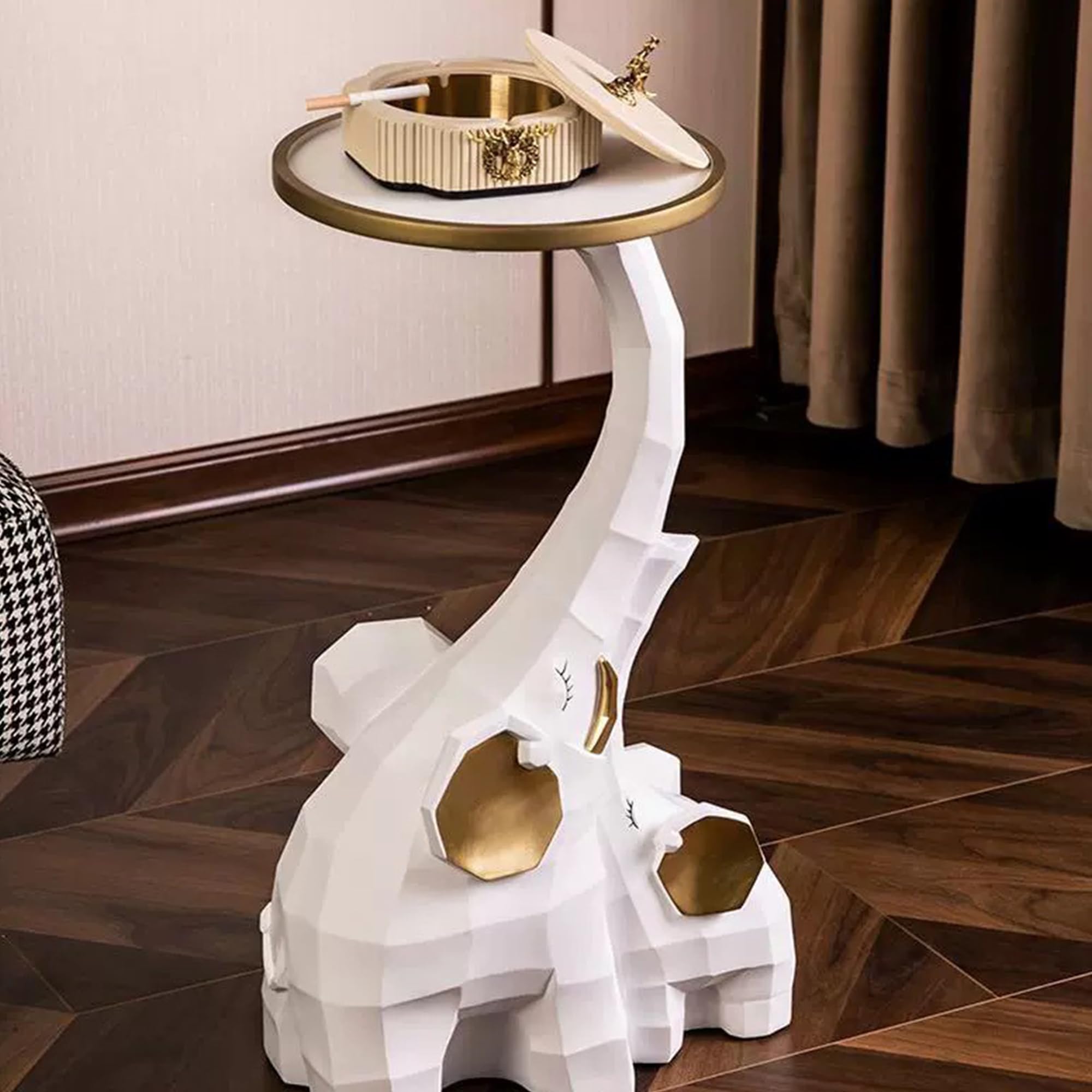 Elephant Sculpture Side Table with Tray Top - Modern Elephant Decor Floor Statue