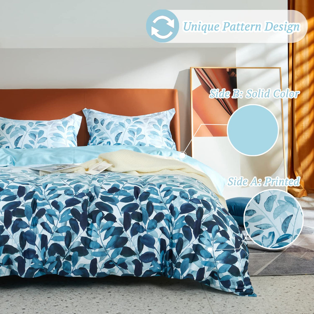 MILDLY 100% Long Staple Cotton Duvet Cover Set Gradient Blue Leaves Printed Comforter Cover Set Farmhouse Plant Comforter Cover Set