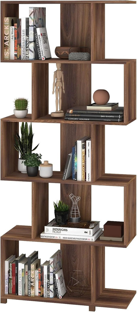 Comfort Petrolina Bookshelf with 5 Zig-Zag Cubbies & Open Shelves, Unique Mid Century Modern Bookcase, Ideal for Living Room, Office, Bedroom, Display Ornaments, Trophies, Photos, White