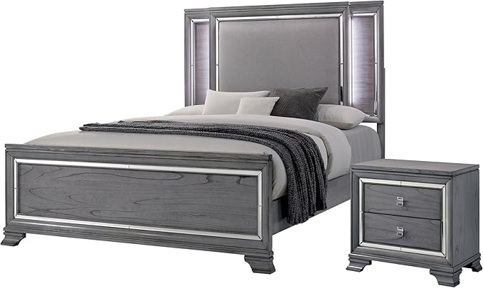 Zenka Solid Wood 2-Piece Bedroom Set, Queen-Size Bed with LED Trim and 2-Drawer