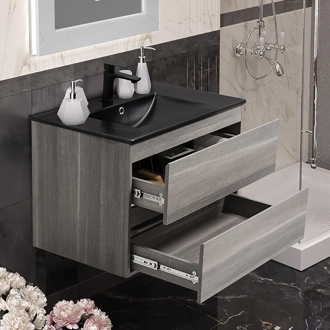 36" White Bathroom Vanity Wall Mounted Floating Vanity Two Drawers Storage Cabinet
