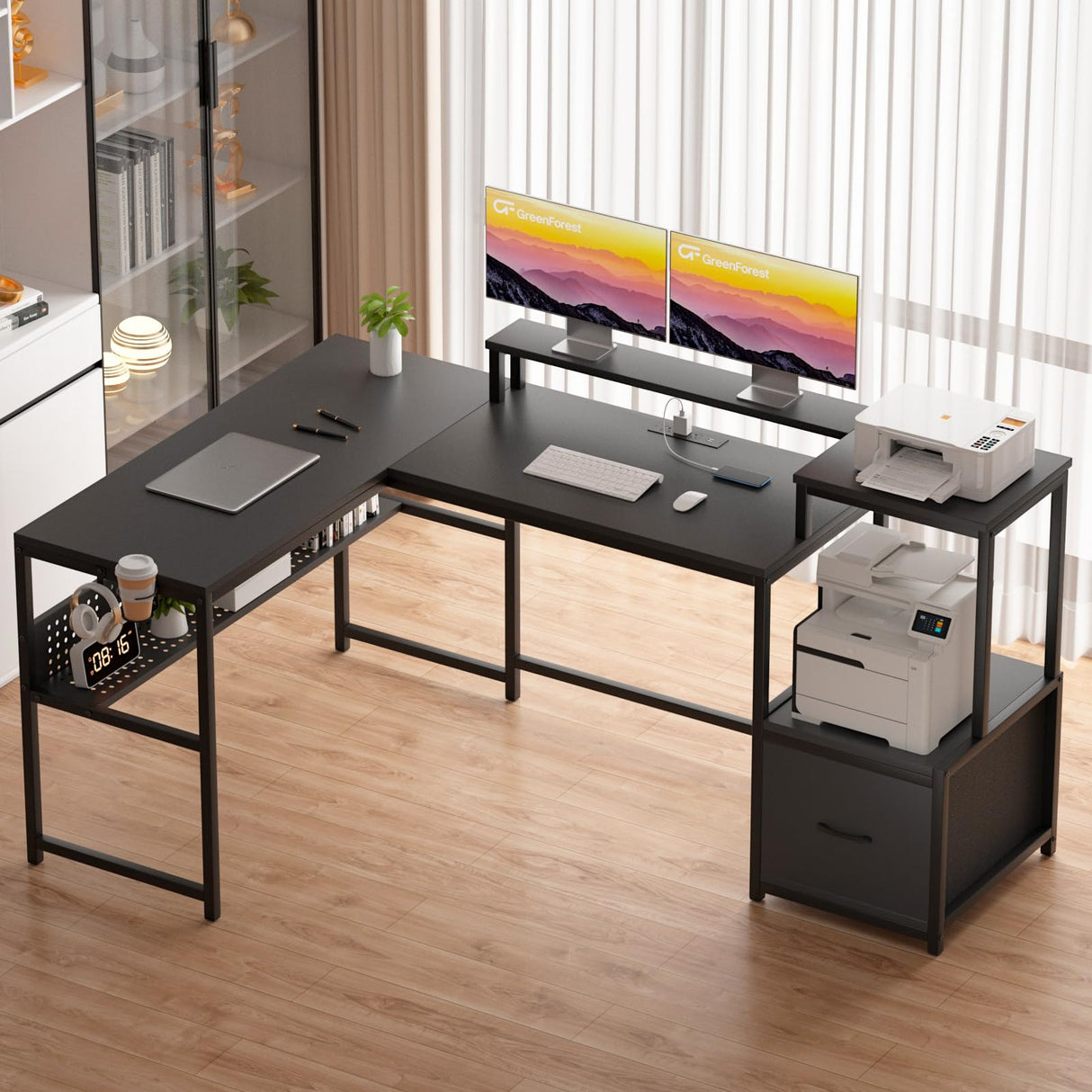 69 inch L Shaped Computer Desk, Corner Desk with Drawers and Power Outlet