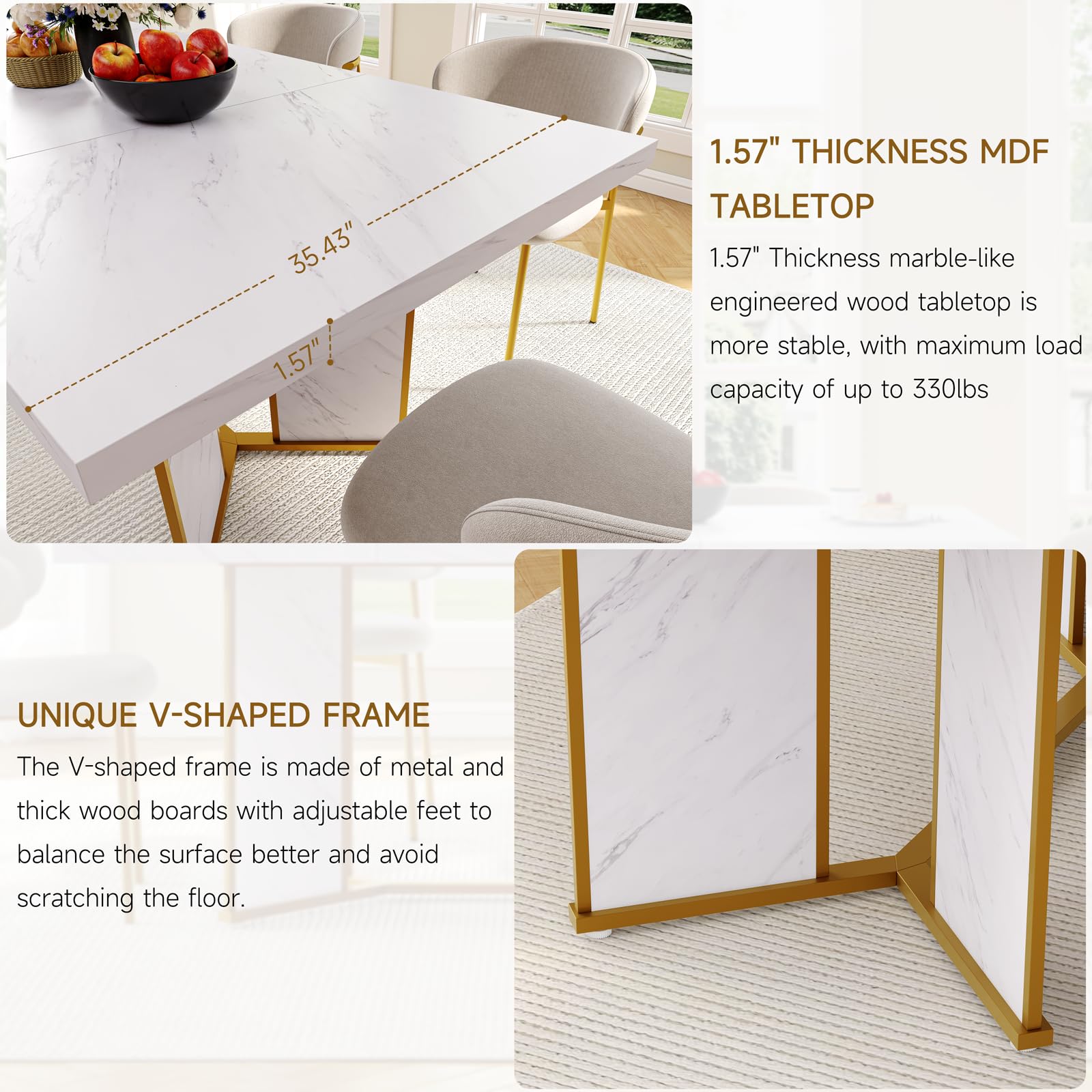 71" Rectangular Dining Table for 6-8 People - White Marble & Gold Metal Frame