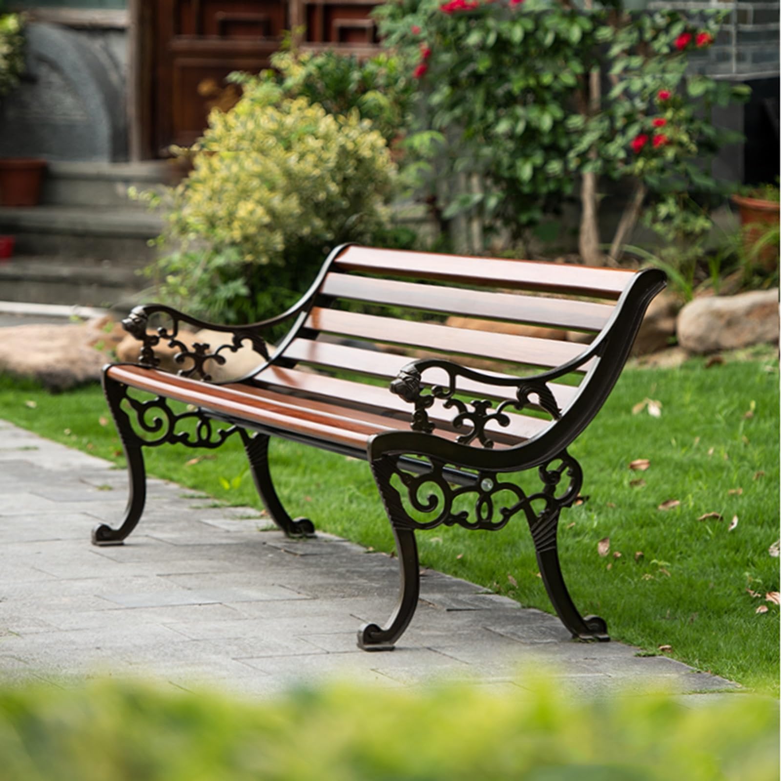 Courtyard Garden Bench All-Weather Outdoor Bench Zinc Alloy Cast Aluminum Metal Patio Garden Bench