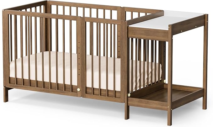Crib with Changing Table and Pad, 8 in 1 Convertible Crib with Changer, Include 2” Mattress, Converts to Bassinet, Mid Crib, Full Size Crib, Daybed,Toddler Bed and Playard (White)
