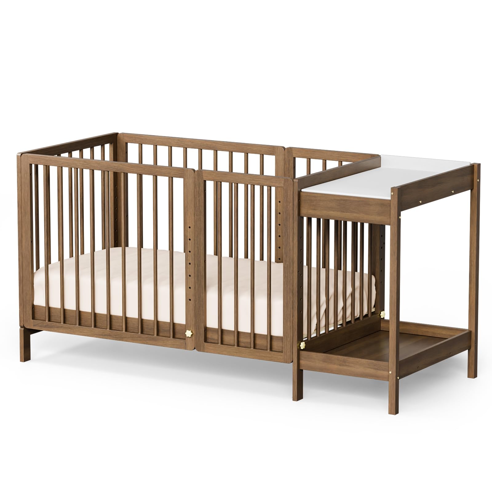 Crib with Changing Table and Pad, 8 in 1 Convertible Crib with Changer, Include 2” Mattress