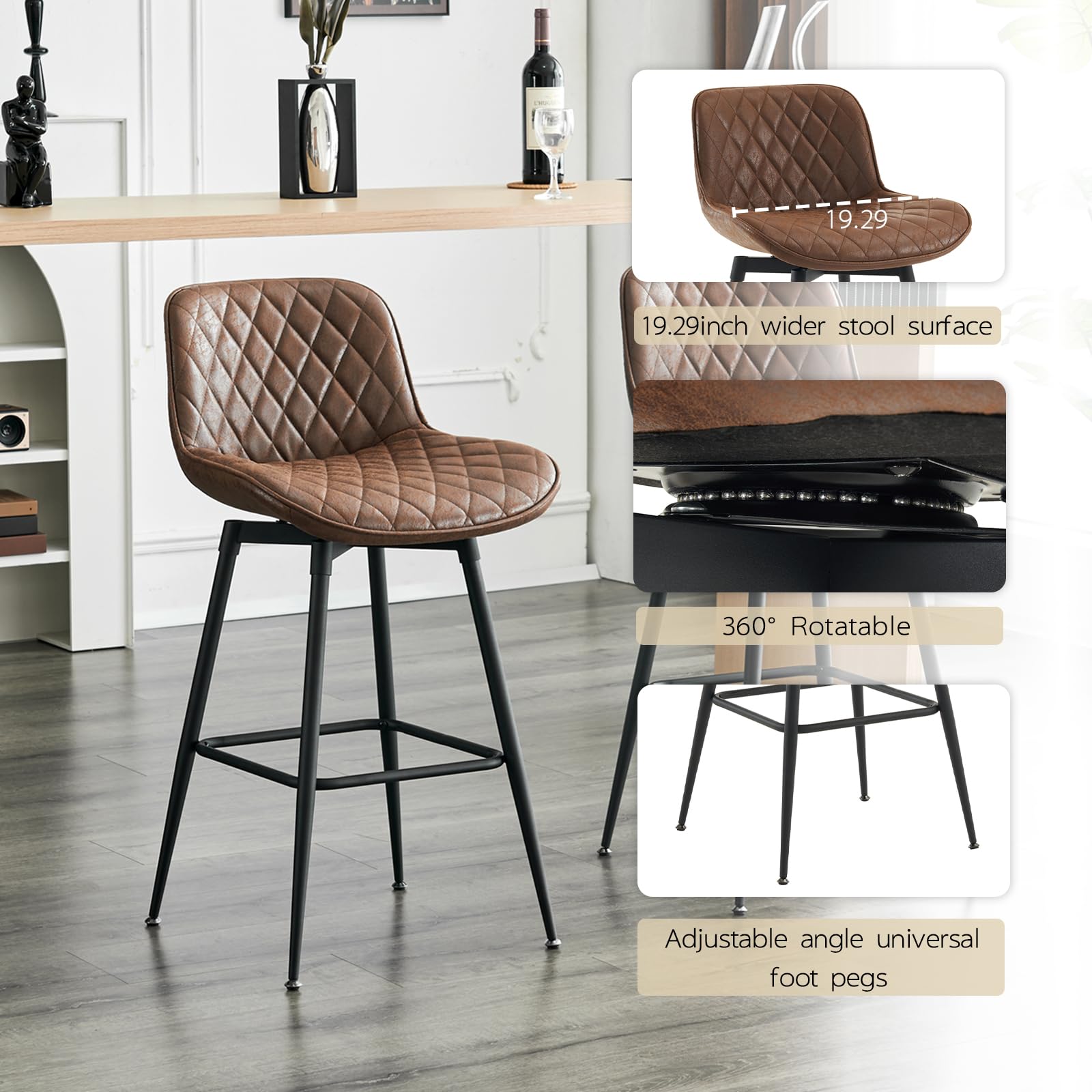26” Bar Stools Set of 2, 360° Swivel Counter Bar Stool with Back, Mid-Century Modern