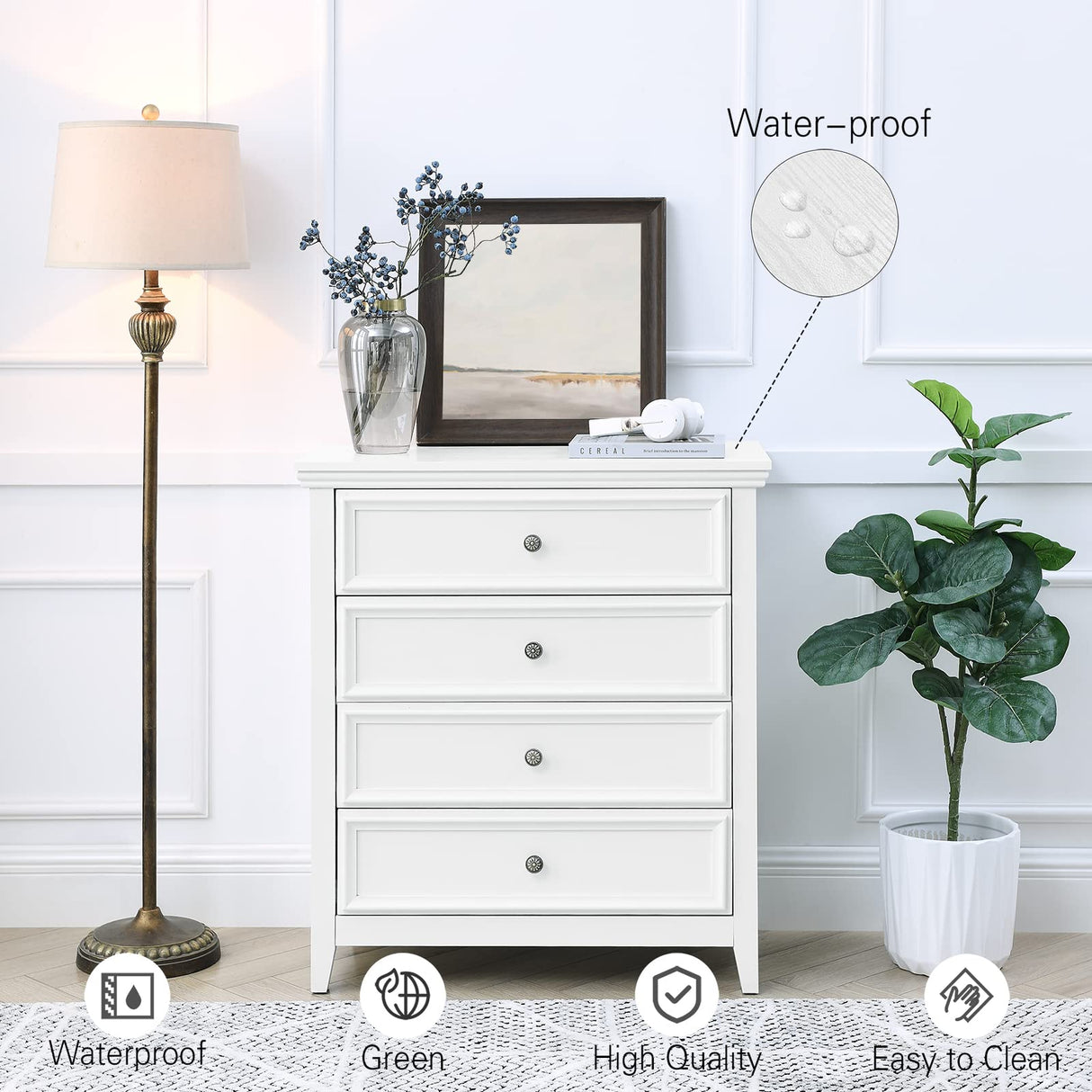 White Dresser for Bedroom, 4 Chest of Drawers, Wooden Dressers Tall Nightstand